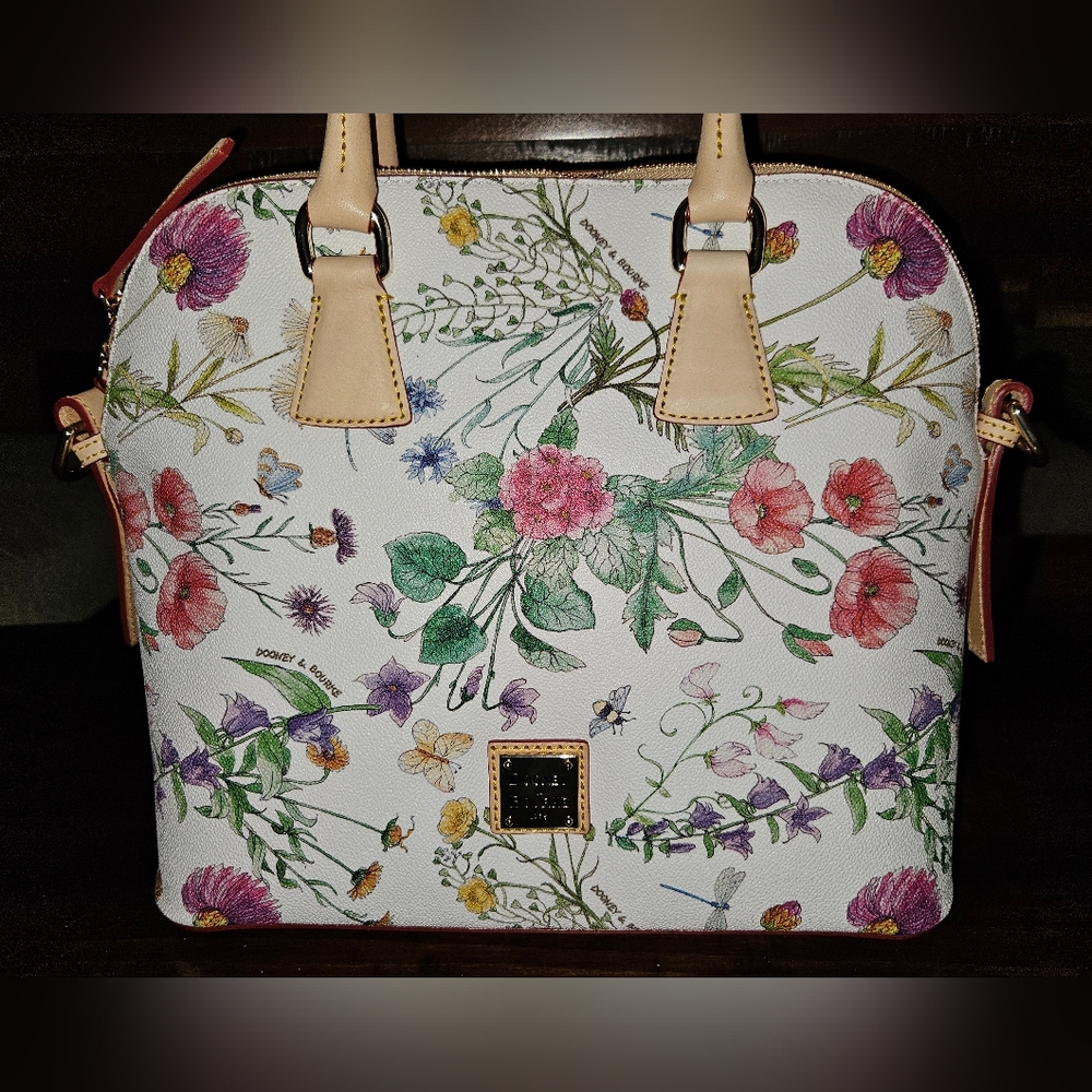 Dooney & Bourke White Floral Satchel with Tan Handles - Picture 3 of 13